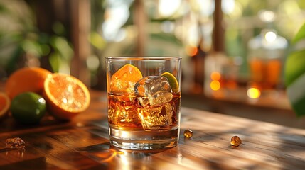 Glass of Disaronno on the rocks with orange slices, sitting on a table - obrazy, fototapety, plakaty