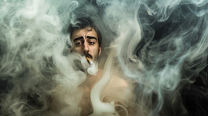 man surrounded by a swirl of cigarette smoke, with a dazed and depressed expression on his face, emphasizing the suffocating effects of smoking --no text, titles --ar 16:9 --quality 0.5 --stylize 0 - obrazy, fototapety, plakaty