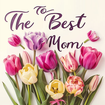 "To the best mom"  text made on white card surrounded with tulips. Mother's day natural creative concept background. Social mockup.	
