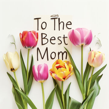 "To the best mom"  text made on white card surrounded with tulips. Mother's day natural creative concept background. Social mockup.	
