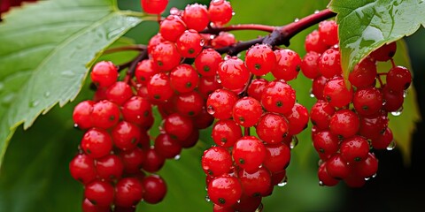 Red Viburnum Branch in the Garden After Rain: Juicy Berries Ripening on the Bush! 