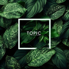 Creative layout made of green leaves with paper card border and word topic. Flat lay. Nature concept