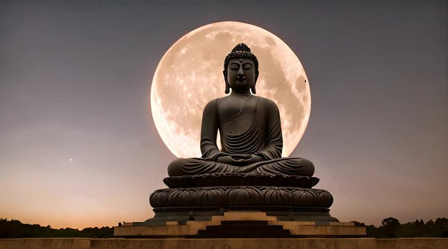 Buddha statue at night with the big moon in the background.