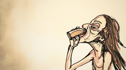 A drawing of a woman drinking alcohol, with exaggerated, distorted facial and body features, intended to show an ironic and comic view of alcohol addiction against a simple, minimalist background. - - obrazy, fototapety, plakaty