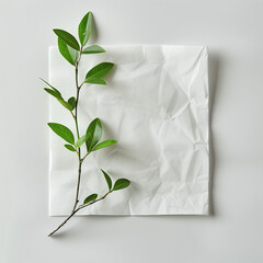 Creative layout with green leaves and white paper card note. Nature flat lay. Minimal spring concept.