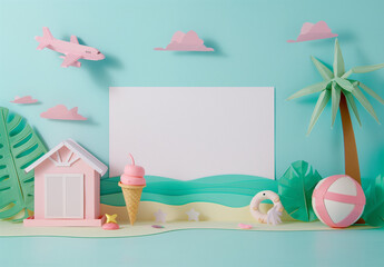 Summer vacation concept with beach house, tropical palms and travel items on pastel blue background with creative copy space. Minimal summer travel background.