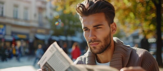 Man reading newspaper in urban square