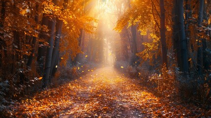 Vibrant autumn forest path, fallen leaves, soft sunlight, realistic textures for stunning landscape