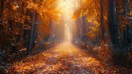 Abwaschbare Fototapete Vibrant autumn forest path, fallen leaves, soft sunlight, realistic textures for stunning landscape © RECARTFRAME CH