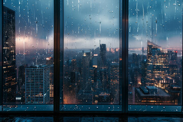 A city view with raindrops on the window