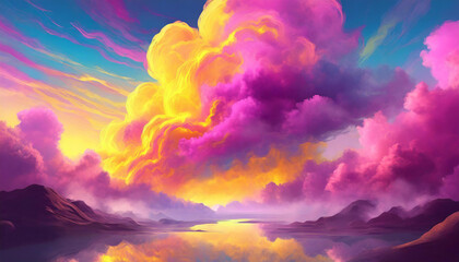 Beautiful fluffy clouds in neon pink and yellow colors. Abstract art. Fantasy background. - obrazy, fototapety, plakaty