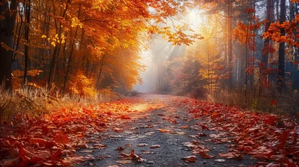 Foto op Plexiglas Vivid autumn forest path with sunlit leaves, sharp details for scenic photography © RECARTFRAME CH