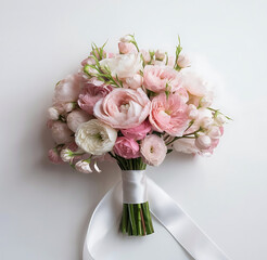 Fresh Floral Bouquet - pink roses, tied with white ribbon against pristine white background