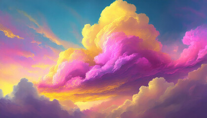 Beautiful fluffy clouds in neon pink and yellow colors. Abstract art. Fantasy background. - obrazy, fototapety, plakaty