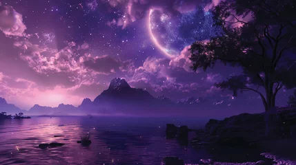 Crédence de cuisine en verre imprimé Violet Starry Night: Enchanting Fantasy Landscape