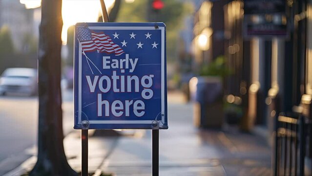 Blue "EARLY VOTING HERE" sign in front of a school in the Midwest