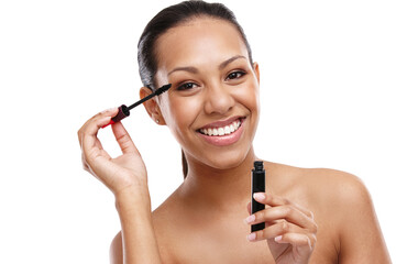 Face, mascara for lashes and happy woman with beauty, brush for makeup and tools for volume on...