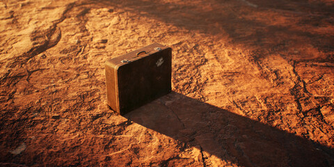 Lost vintage leather suitcase on rocky ground in sunny desolate desert. - 775370029