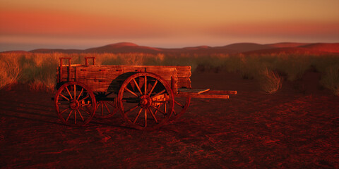 Ancient wooden cart in desolate desert at sunset. - 775370037