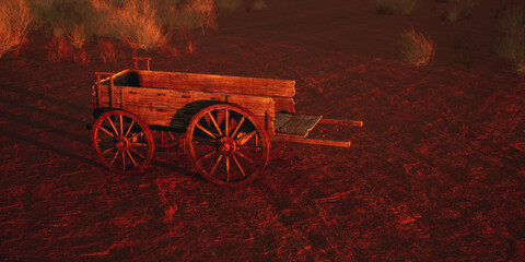 Ancient wooden cart in desolate desert at sunset. - 775370048