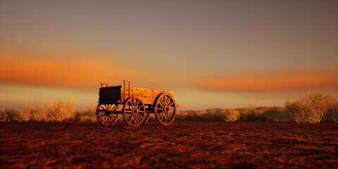 Ancient wooden cart in desolate desert at sunset. - 775370068