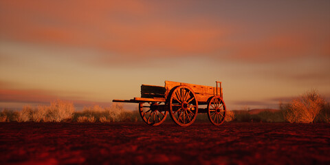 Ancient wooden cart in desolate desert at sunset. - 775370071