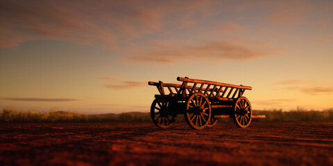 Ancient wooden cart in desolate desert at sunset. - 775370078