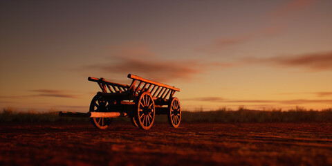 Ancient wooden cart in desolate desert at sunset. - 775370079