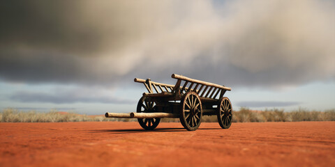 Ancient wooden cart in desolate desert under a cloudy sky. - 775370088