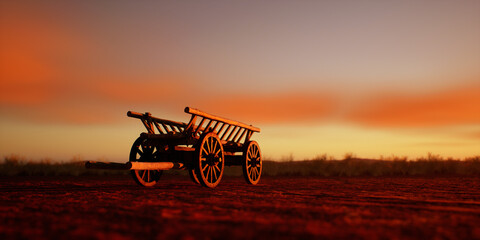 Ancient wooden cart in desolate desert at sunset. - 775370091