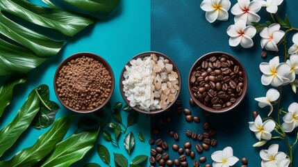 Three bowls of coffee beans, cocoa powder and white flowers, AI