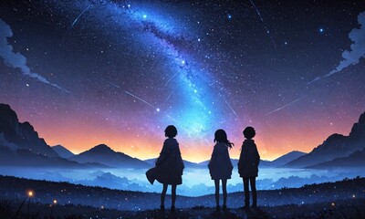 Three figures standing beneath a starry midnight sky