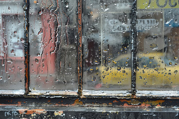 A window with raindrops on it and a sign in the background