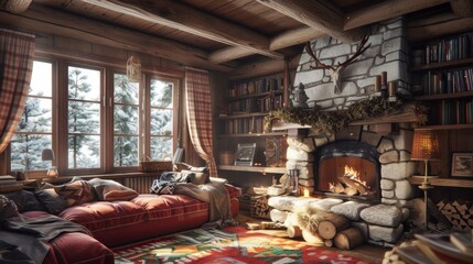A living room with a fireplace and couch in front of it, AI