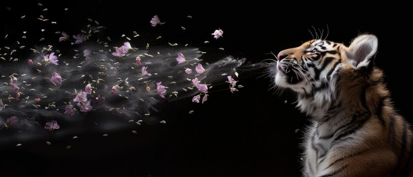   A tiger with an open mouth releases a swarm of butterflies from behind its back