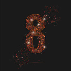 Abstract isolated orange image of a number eight. Polygonal illustration looks like stars in the blask night sky in spase or flying glass shards. Digital design for website, web, internet. © Katsiaryna