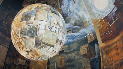Painting of a halogram vault containing historical documents, artifacts and records, ensuring the preservation and access of valuable historical data for future generations. --no text, titles, shoes -