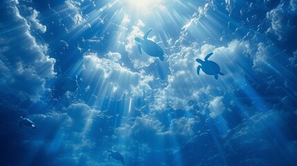 A group of turtles swimming in the ocean under a blue sky, AI - Powered by Adobe