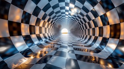 A tunnel with a checkered floor and light coming out of it, AI - obrazy, fototapety, plakaty