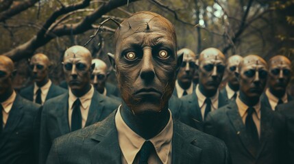 A group of men in suits with eyes on their faces, AI