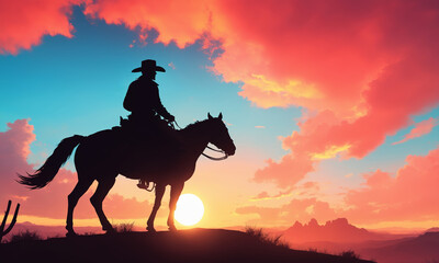 Cowboy on horseback at sunset riding through the landscape