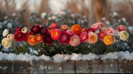   Close-up of a planter filled with flowers surrounded by snow and trees in the background - obrazy, fototapety, plakaty