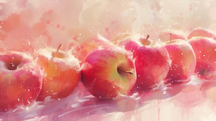 A painting of a row of apples with water splashing on them, AI