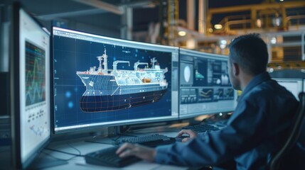 Engineers analyzing digital twin ship simulation on high-tech monitors in a dim workspace