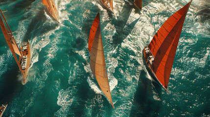 Sailboat regatta, outdoor, top view - obrazy, fototapety, plakaty