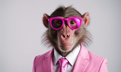 A monkey in pink outerwear and tie, wearing sunglasses