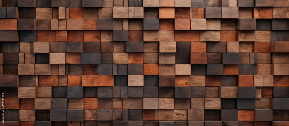 Poster wooden wall has a charming display of various colored squares, creating a vibrant and appealing sett