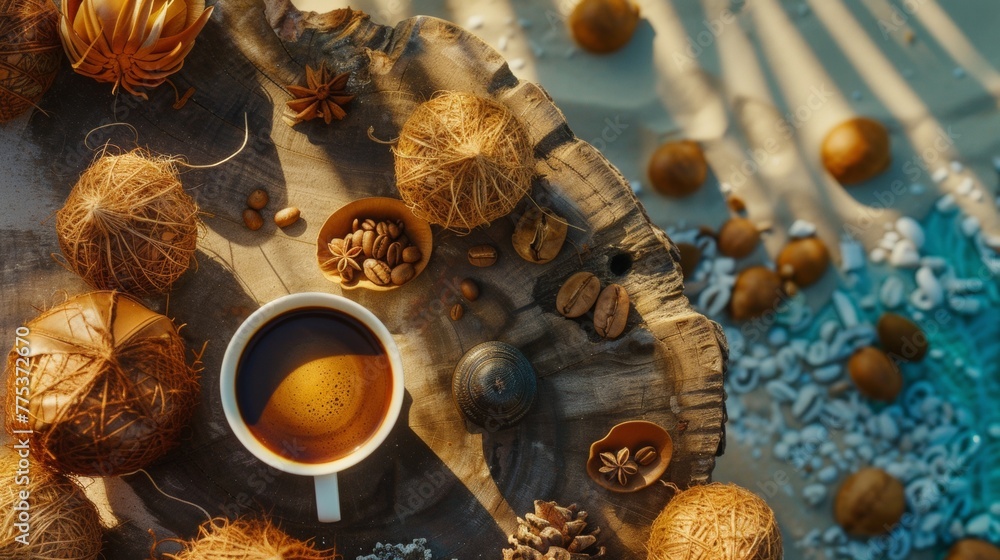 Canvas Prints A cup of coffee on a table next to shells and nuts, AI