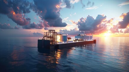 Serene sunset over floating LNG facility on calm ocean waters - obrazy, fototapety, plakaty