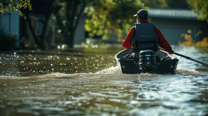 Rescue boat captain navigating through flooded urban area during golden hour